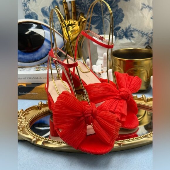🆕 LOEFFLER RANDALL 🧿 NWOT Dahlia Candy Apple Red Pleated Organza Bow Heel Sz 7 - Picture 5 of 16